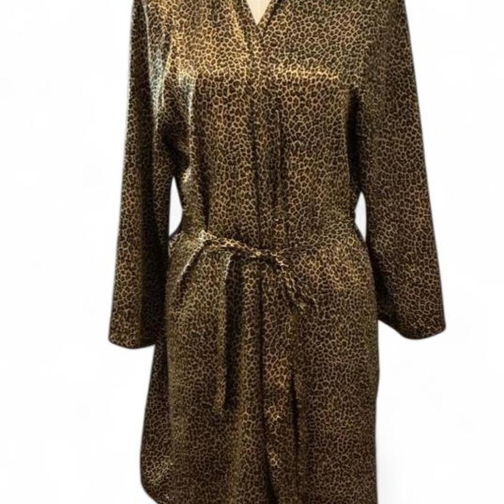 Morgan Taylor Robe Womens Medium Gold Leopard Print Excellent Satin Wrap Tie